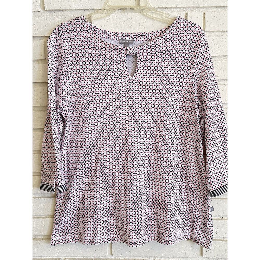 T by Talbots Womens Top Sz‎  L Petite  White Black  Pink 3/4 Sleeve Stretch
